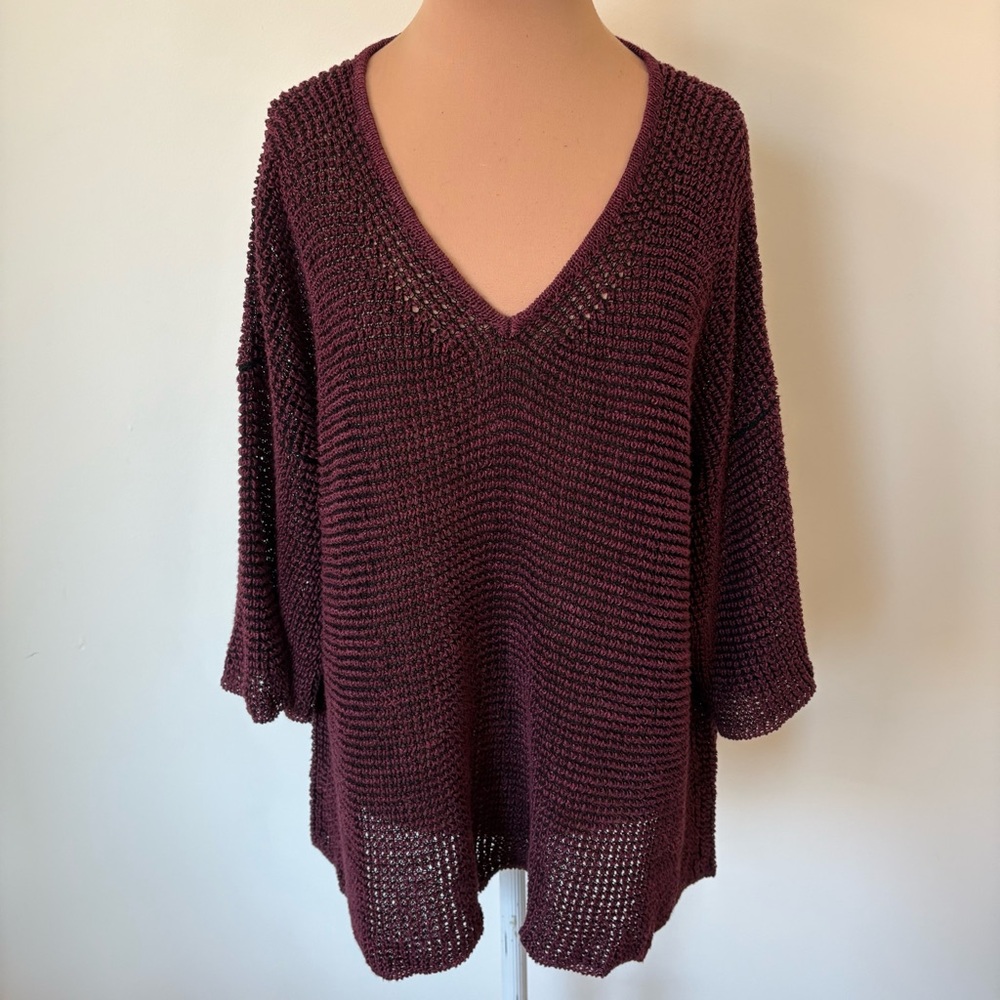 Isabel Marant Maroon Purple Open Knit Linen Blend 3/4 Sleeve V-Neck Sweater 40/8